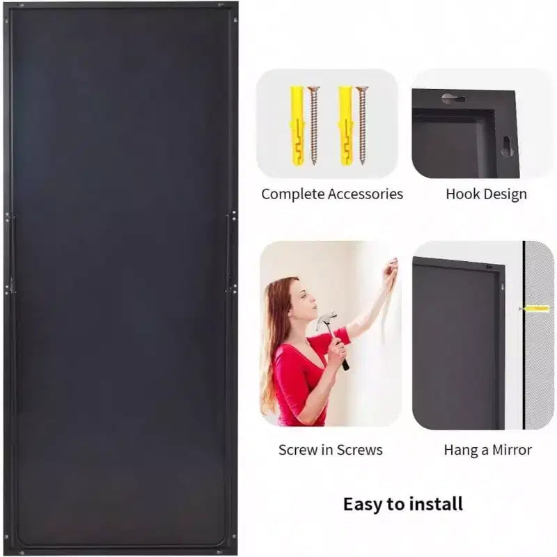 Miroir pleine longueur noir 71x31 avec support. Peut être utilisé comme miroir mural, sur pied ou suspendu.