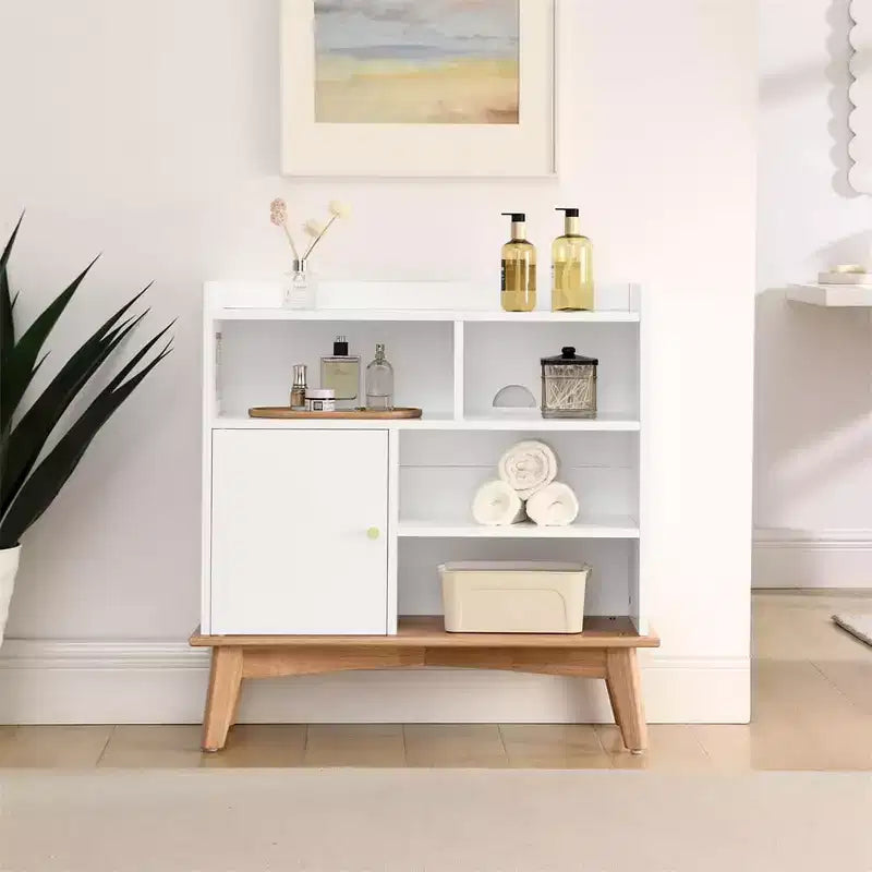 Bahut de buffet, bahut de sol coloré avec base et pieds en bois, meuble en bois avec 1 porte et 4 étagères de rangement ouvertes BLANC CASSÉ