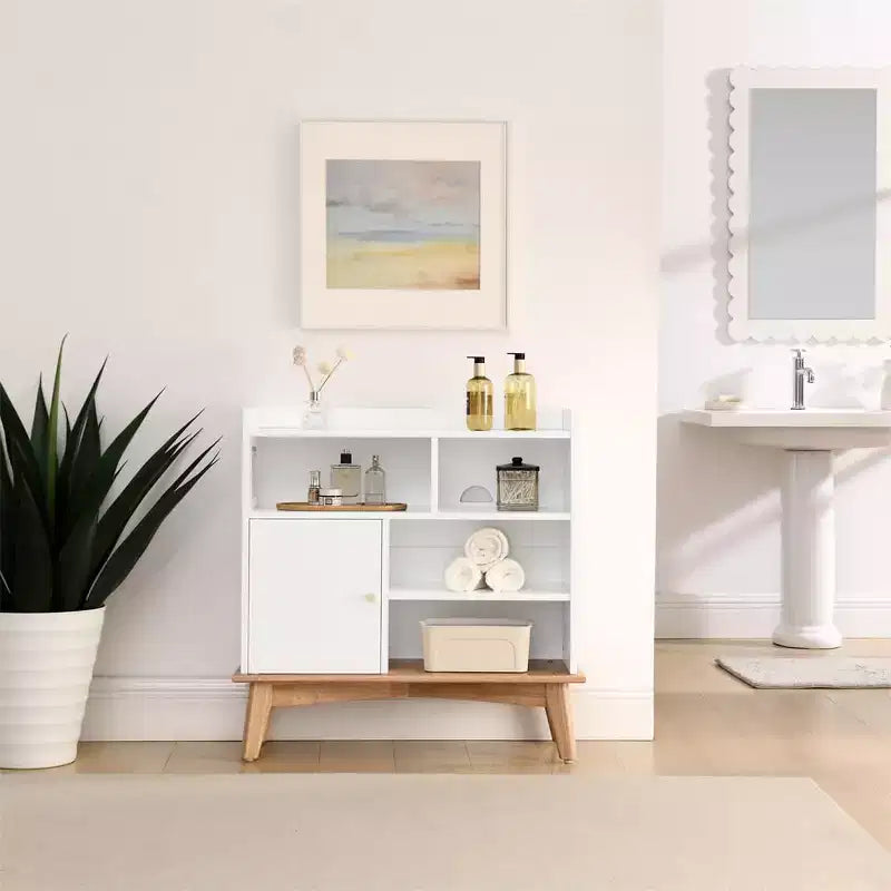 Bahut de buffet, bahut de sol coloré avec base et pieds en bois, meuble en bois avec 1 porte et 4 étagères de rangement ouvertes BLANC CASSÉ
