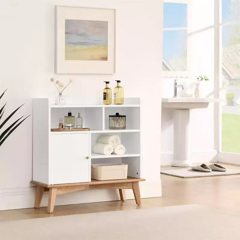 Bahut de buffet, bahut de sol coloré avec base et pieds en bois, meuble en bois avec 1 porte et 4 étagères de rangement ouvertes BLANC CASSÉ
