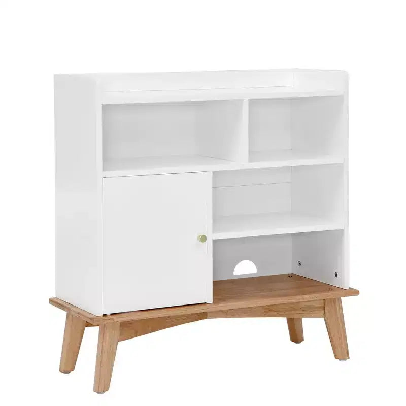 Bahut de buffet, bahut de sol coloré avec base et pieds en bois, meuble en bois avec 1 porte et 4 étagères de rangement ouvertes BLANC CASSÉ