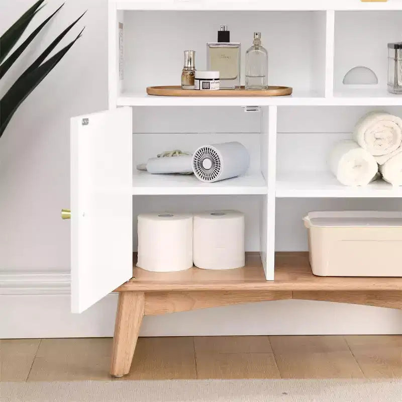 Bahut de buffet, bahut de sol coloré avec base et pieds en bois, meuble en bois avec 1 porte et 4 étagères de rangement ouvertes BLANC CASSÉ