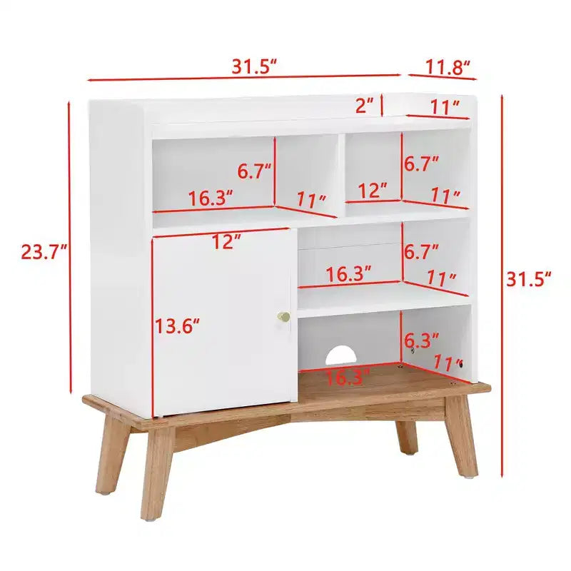 Bahut de buffet, bahut de sol coloré avec base et pieds en bois, meuble en bois avec 1 porte et 4 étagères de rangement ouvertes BLANC CASSÉ