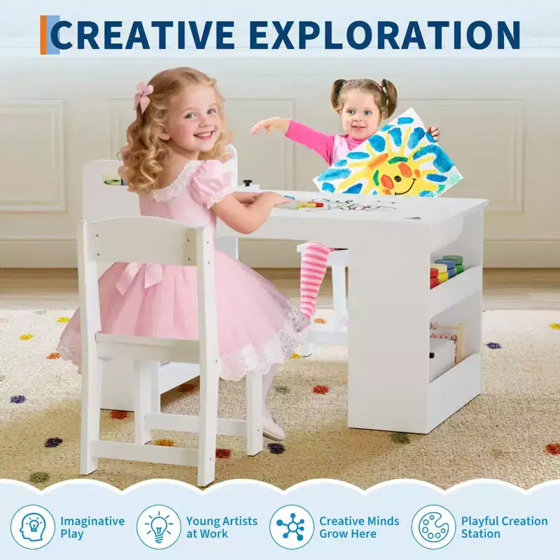 Table et Chaises pour Enfants Grande Table de Bricolage pour Enfants avec 2 Chaises, Bureau d'Art Multifonctionnel avec Étagères de Rangement pour Chambre d'Enfant, Maternelle
