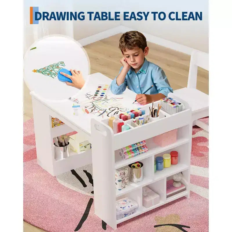 Table et Chaises pour Enfants Grande Table de Bricolage pour Enfants avec 2 Chaises, Bureau d'Art Multifonctionnel avec Étagères de Rangement pour Chambre d'Enfant, Maternelle