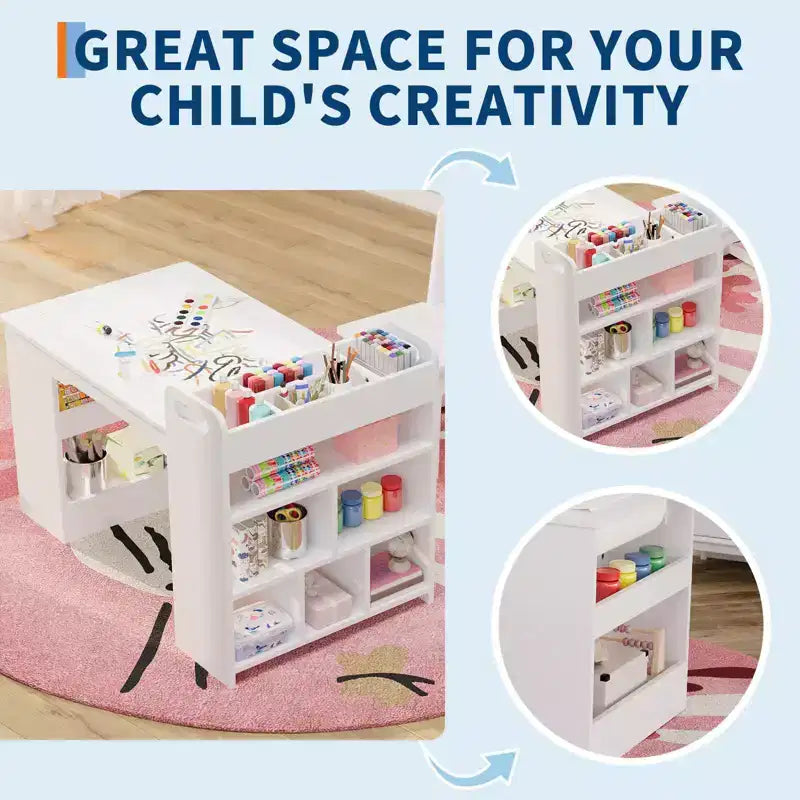 Table et Chaises pour Enfants Grande Table de Bricolage pour Enfants avec 2 Chaises, Bureau d'Art Multifonctionnel avec Étagères de Rangement pour Chambre d'Enfant, Maternelle