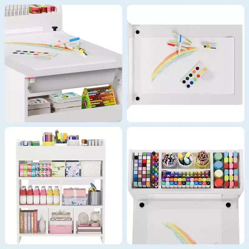 Table et Chaises pour Enfants Grande Table de Bricolage pour Enfants avec 2 Chaises, Bureau d'Art Multifonctionnel avec Étagères de Rangement pour Chambre d'Enfant, Maternelle
