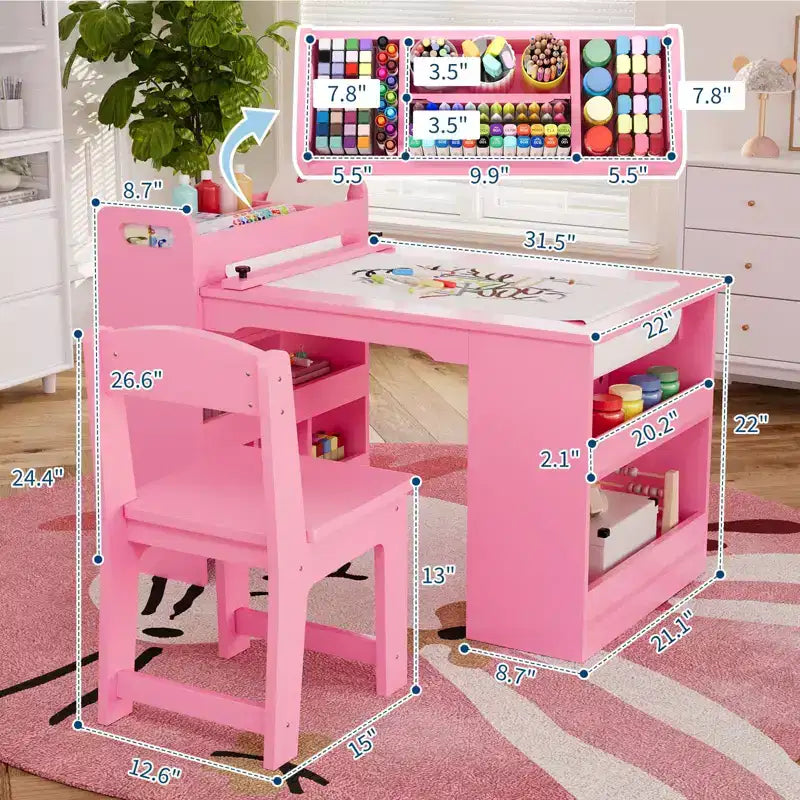 Table et Chaises pour Enfants Grande Table de Bricolage pour Enfants avec 2 Chaises, Bureau d'Art Multifonctionnel avec Étagères de Rangement pour Chambre d'Enfant, Maternelle