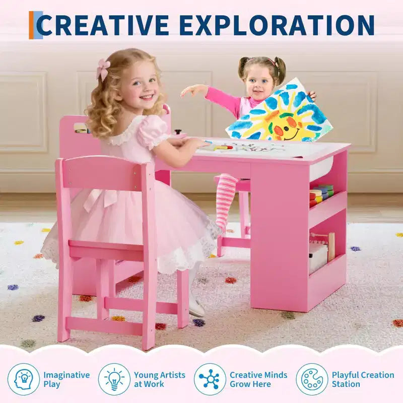 Table et Chaises pour Enfants Grande Table de Bricolage pour Enfants avec 2 Chaises, Bureau d'Art Multifonctionnel avec Étagères de Rangement pour Chambre d'Enfant, Maternelle
