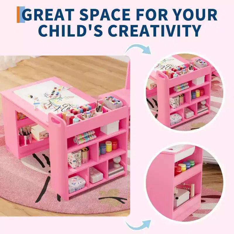 Table et Chaises pour Enfants Grande Table de Bricolage pour Enfants avec 2 Chaises, Bureau d'Art Multifonctionnel avec Étagères de Rangement pour Chambre d'Enfant, Maternelle