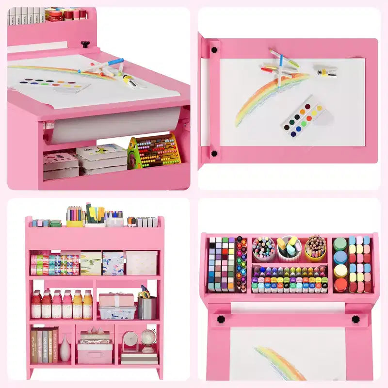 Table et Chaises pour Enfants Grande Table de Bricolage pour Enfants avec 2 Chaises, Bureau d'Art Multifonctionnel avec Étagères de Rangement pour Chambre d'Enfant, Maternelle