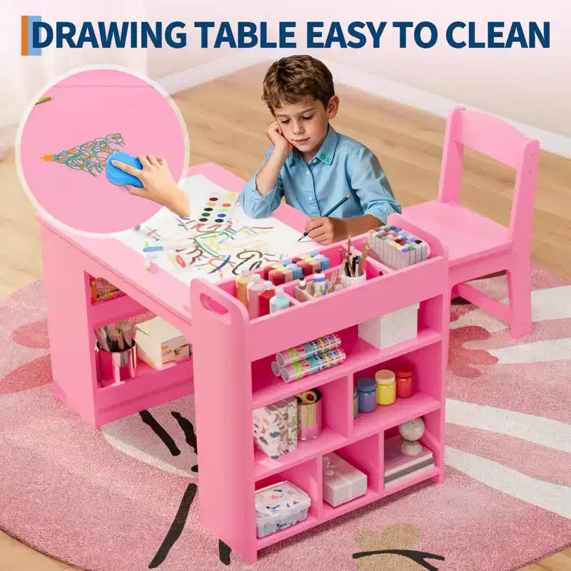Table et Chaises pour Enfants Grande Table de Bricolage pour Enfants avec 2 Chaises, Bureau d'Art Multifonctionnel avec Étagères de Rangement pour Chambre d'Enfant, Maternelle