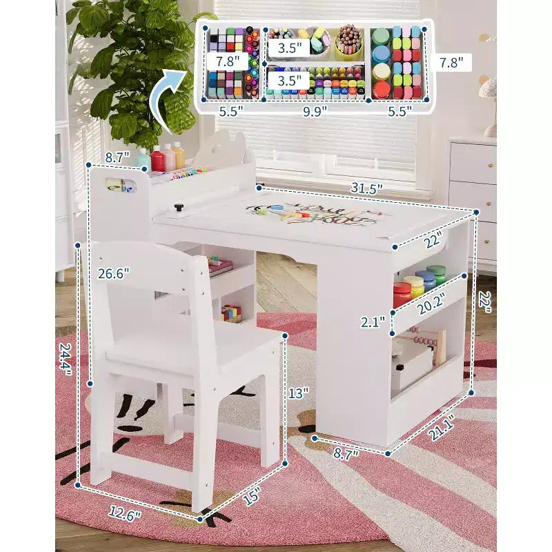Table et Chaises pour Enfants Grande Table de Bricolage pour Enfants avec 2 Chaises, Bureau d'Art Multifonctionnel avec Étagères de Rangement pour Chambre d'Enfant, Maternelle