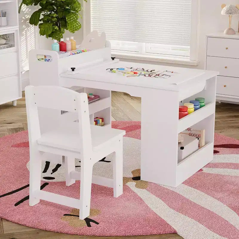 Table et Chaises pour Enfants Grande Table de Bricolage pour Enfants avec 2 Chaises, Bureau d'Art Multifonctionnel avec Étagères de Rangement pour Chambre d'Enfant, Maternelle