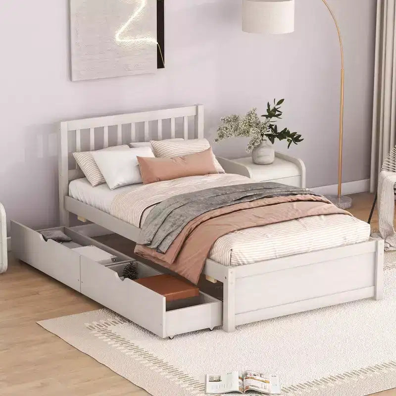 AEELLEEA Modern Design Wooden Twin Size Platform Bed with 2 Drawers for White Washed Color