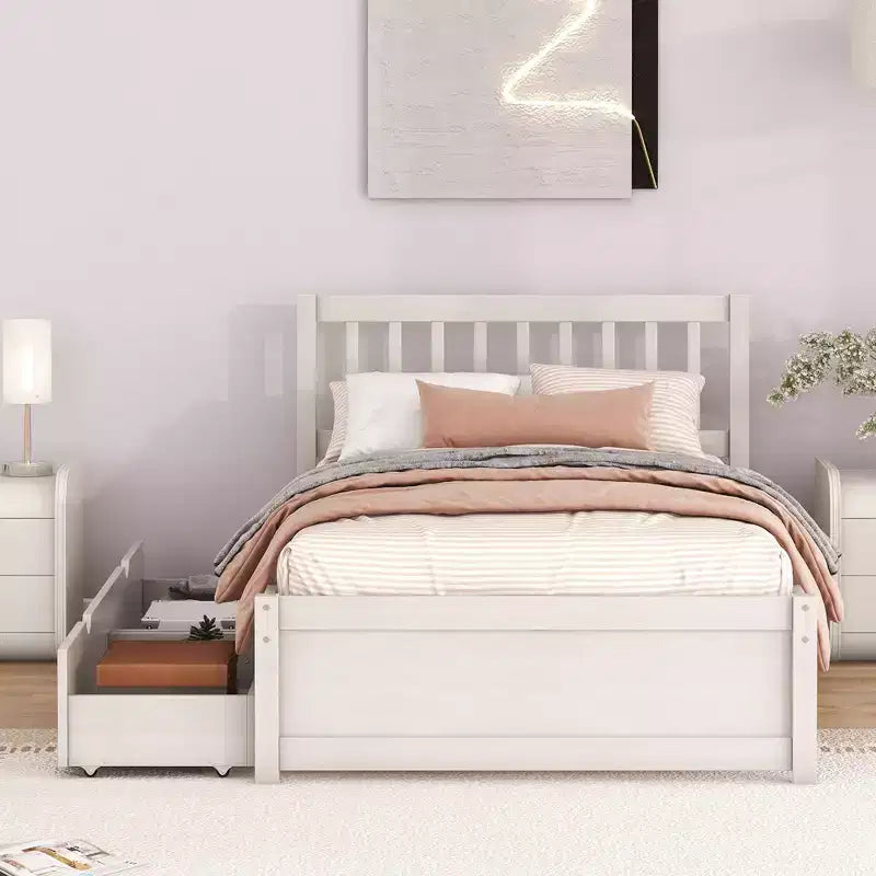 Lit plateforme double en bois au design moderne avec 2 tiroirs, couleur blanchie