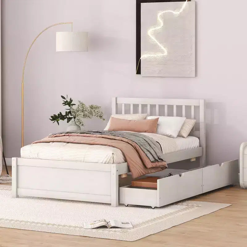 Lit plateforme double en bois au design moderne avec 2 tiroirs, couleur blanchie