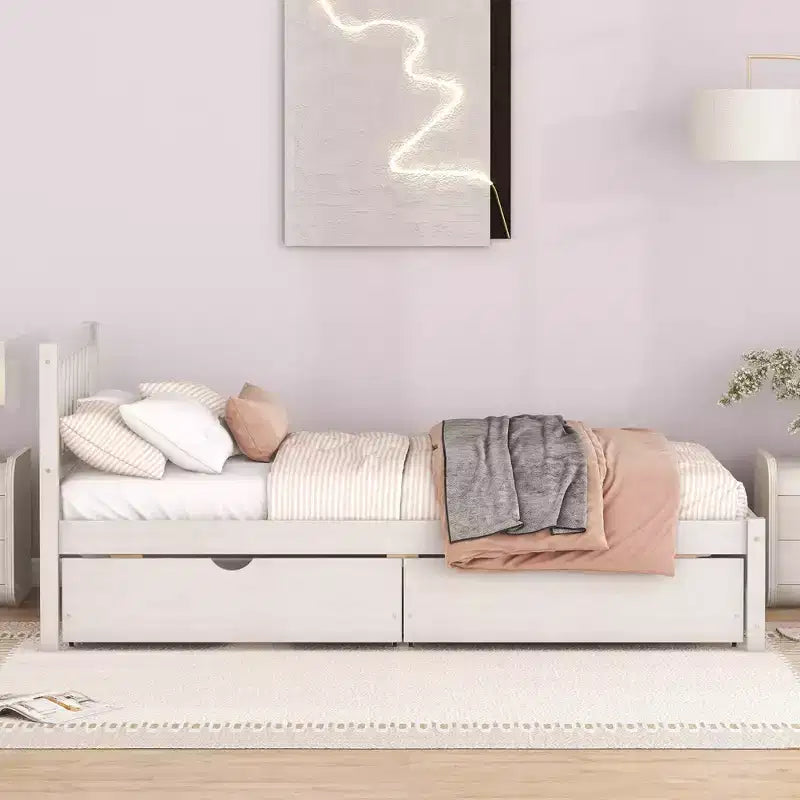 Lit plateforme double en bois au design moderne avec 2 tiroirs, couleur blanchie