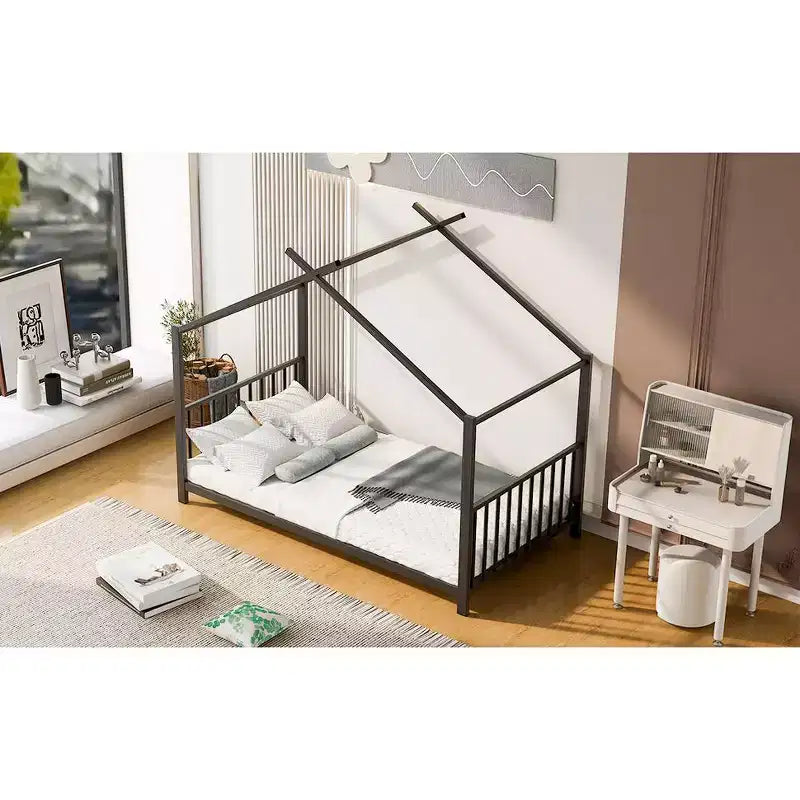 Lit cabane jumeau en métal pour enfants, lit plateforme Montessori avec cadre de toit, métal robuste, pas besoin de sommier, noir/blanc/rose
