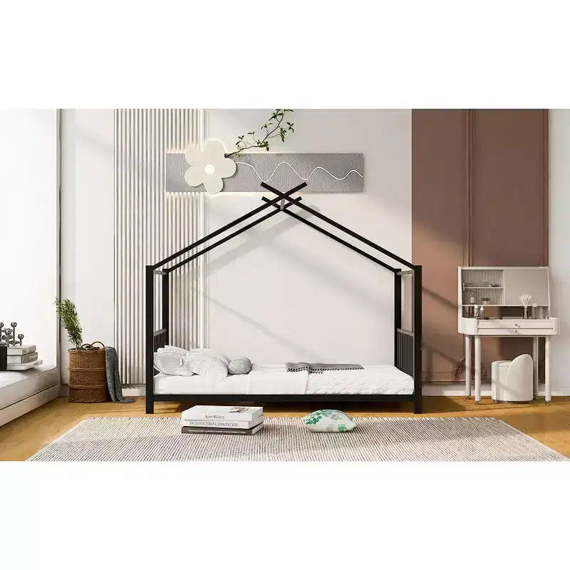 Lit cabane jumeau en métal pour enfants, lit plateforme Montessori avec cadre de toit, métal robuste, pas besoin de sommier, noir/blanc/rose