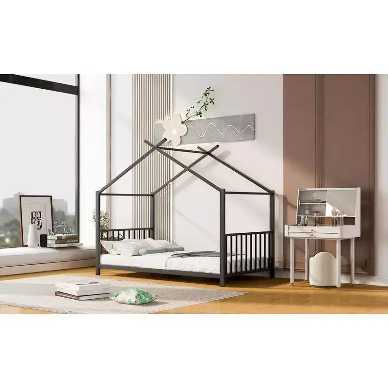 Lit cabane jumeau en métal pour enfants, lit plateforme Montessori avec cadre de toit, métal robuste, pas besoin de sommier, noir/blanc/rose
