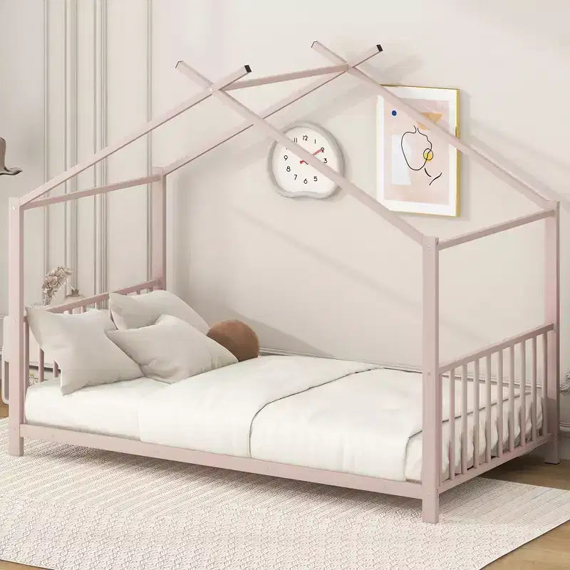 Lit cabane jumeau en métal pour enfants, lit plateforme Montessori avec cadre de toit, métal robuste, pas besoin de sommier, noir/blanc/rose