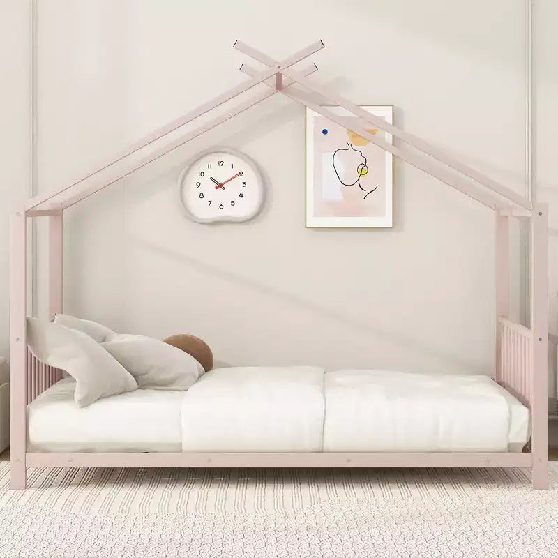 Lit cabane jumeau en métal pour enfants, lit plateforme Montessori avec cadre de toit, métal robuste, pas besoin de sommier, noir/blanc/rose