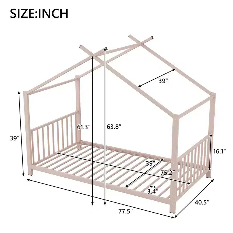Lit cabane jumeau en métal pour enfants, lit plateforme Montessori avec cadre de toit, métal robuste, pas besoin de sommier, noir/blanc/rose
