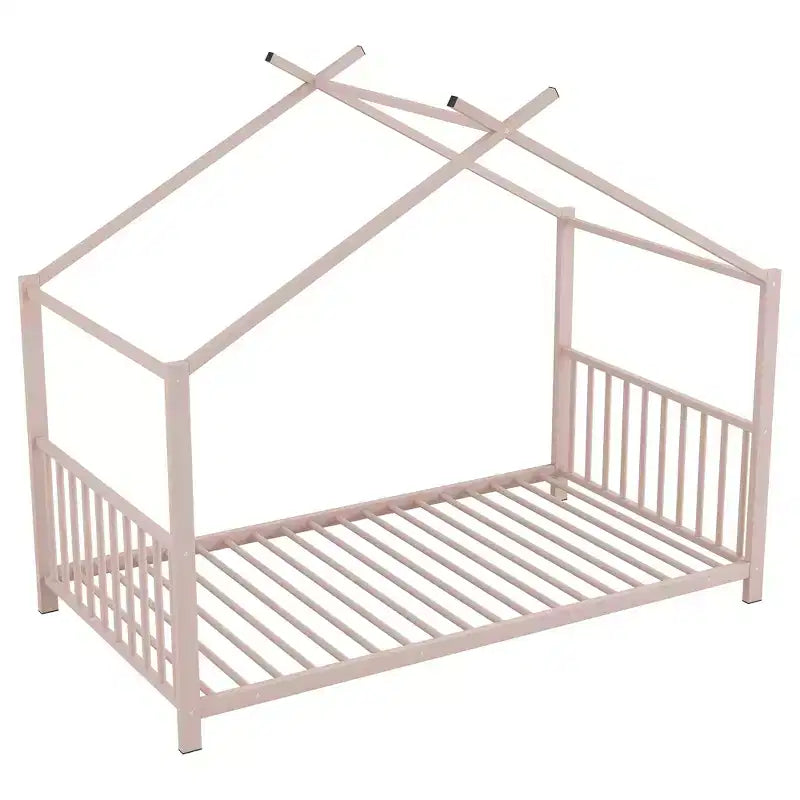 Lit cabane jumeau en métal pour enfants, lit plateforme Montessori avec cadre de toit, métal robuste, pas besoin de sommier, noir/blanc/rose