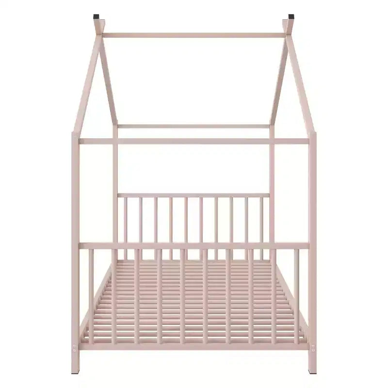 Lit cabane jumeau en métal pour enfants, lit plateforme Montessori avec cadre de toit, métal robuste, pas besoin de sommier, noir/blanc/rose