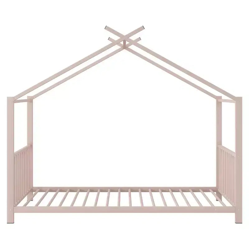 Lit cabane jumeau en métal pour enfants, lit plateforme Montessori avec cadre de toit, métal robuste, pas besoin de sommier, noir/blanc/rose