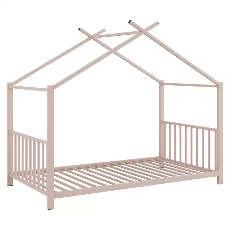 Lit cabane jumeau en métal pour enfants, lit plateforme Montessori avec cadre de toit, métal robuste, pas besoin de sommier, noir/blanc/rose