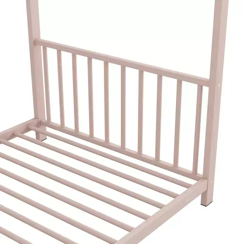 Lit cabane jumeau en métal pour enfants, lit plateforme Montessori avec cadre de toit, métal robuste, pas besoin de sommier, noir/blanc/rose