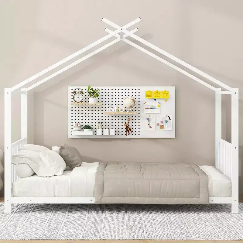 Lit cabane jumeau en métal pour enfants, lit plateforme Montessori avec cadre de toit, métal robuste, pas besoin de sommier, noir/blanc/rose