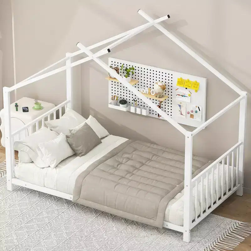 Lit cabane jumeau en métal pour enfants, lit plateforme Montessori avec cadre de toit, métal robuste, pas besoin de sommier, noir/blanc/rose