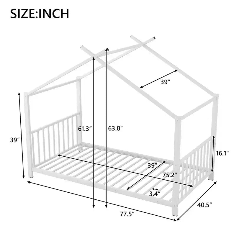Lit cabane jumeau en métal pour enfants, lit plateforme Montessori avec cadre de toit, métal robuste, pas besoin de sommier, noir/blanc/rose