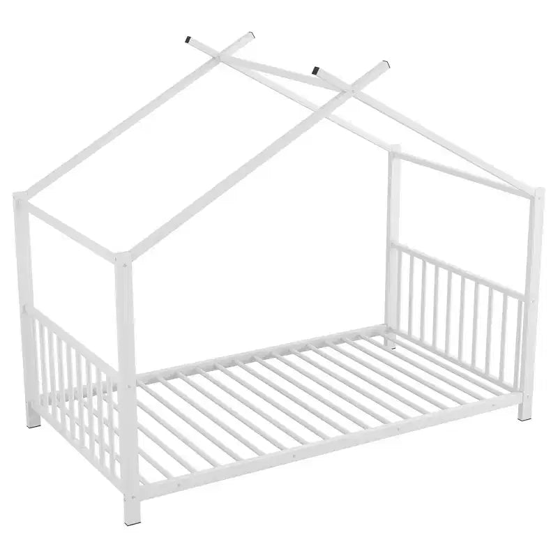 Lit cabane jumeau en métal pour enfants, lit plateforme Montessori avec cadre de toit, métal robuste, pas besoin de sommier, noir/blanc/rose