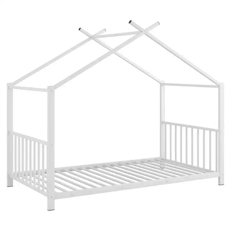 Lit cabane jumeau en métal pour enfants, lit plateforme Montessori avec cadre de toit, métal robuste, pas besoin de sommier, noir/blanc/rose