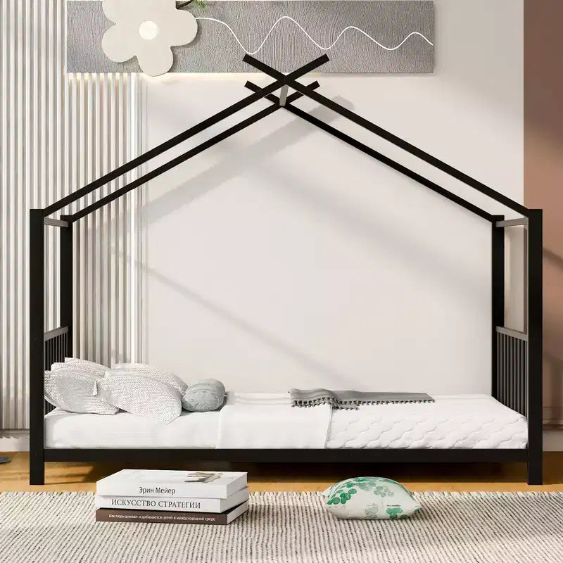 Lit cabane jumeau en métal pour enfants, lit plateforme Montessori avec cadre de toit, métal robuste, pas besoin de sommier, noir/blanc/rose
