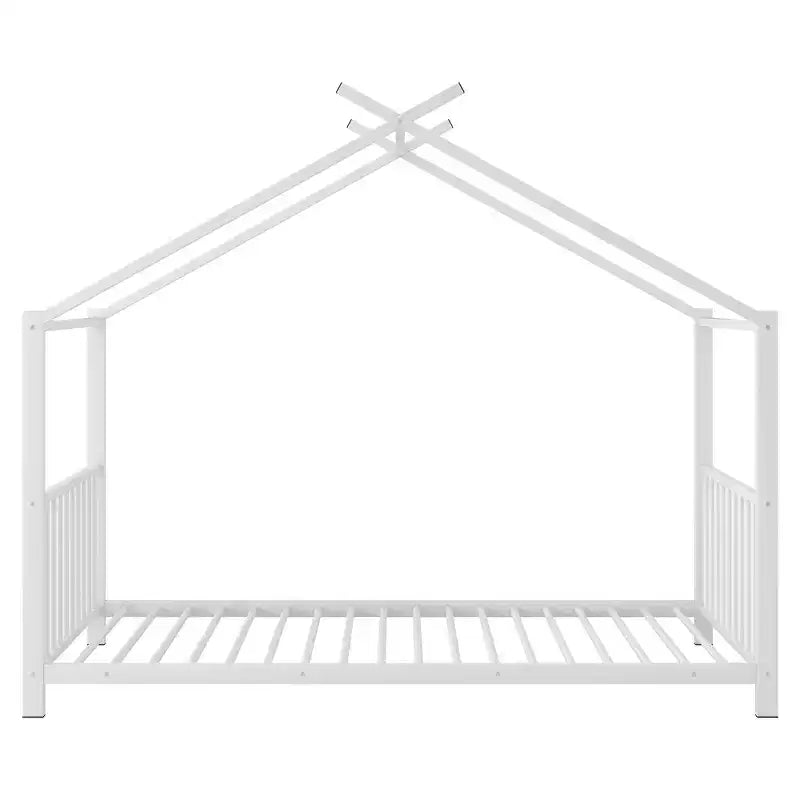 Lit cabane jumeau en métal pour enfants, lit plateforme Montessori avec cadre de toit, métal robuste, pas besoin de sommier, noir/blanc/rose