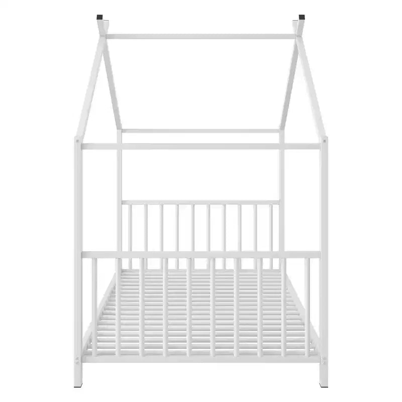 Lit cabane jumeau en métal pour enfants, lit plateforme Montessori avec cadre de toit, métal robuste, pas besoin de sommier, noir/blanc/rose