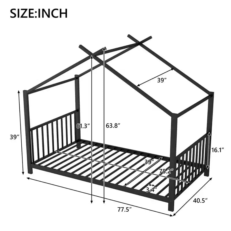 Lit cabane jumeau en métal pour enfants, lit plateforme Montessori avec cadre de toit, métal robuste, pas besoin de sommier, noir/blanc/rose