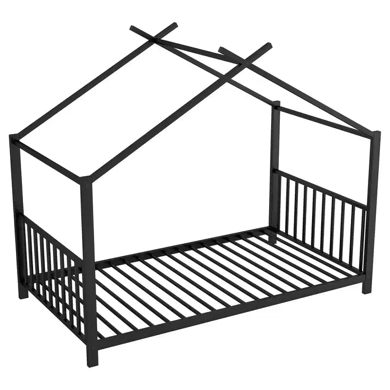 Lit cabane jumeau en métal pour enfants, lit plateforme Montessori avec cadre de toit, métal robuste, pas besoin de sommier, noir/blanc/rose