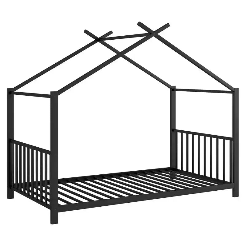 Lit cabane jumeau en métal pour enfants, lit plateforme Montessori avec cadre de toit, métal robuste, pas besoin de sommier, noir/blanc/rose