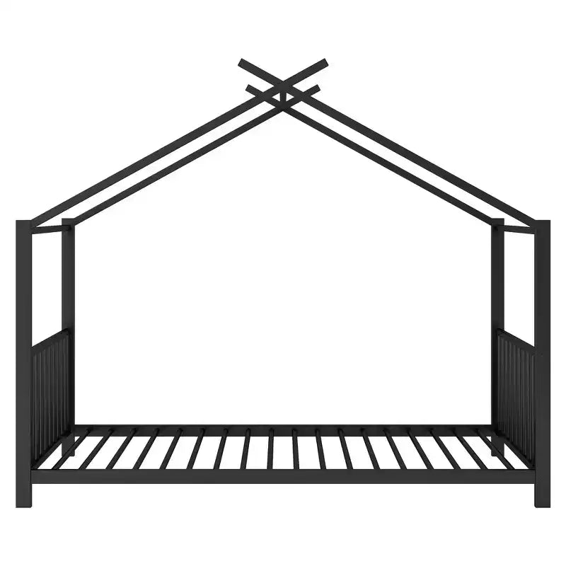 Lit cabane jumeau en métal pour enfants, lit plateforme Montessori avec cadre de toit, métal robuste, pas besoin de sommier, noir/blanc/rose