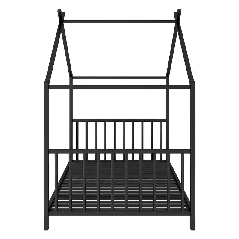 Lit cabane jumeau en métal pour enfants, lit plateforme Montessori avec cadre de toit, métal robuste, pas besoin de sommier, noir/blanc/rose
