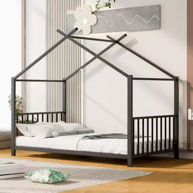 Bellemave Twin Metal House Bed for Kids, Montessori Platform Bed with Roof Frame, Sturdy Metal, No Box Spring, Black/White/Pink