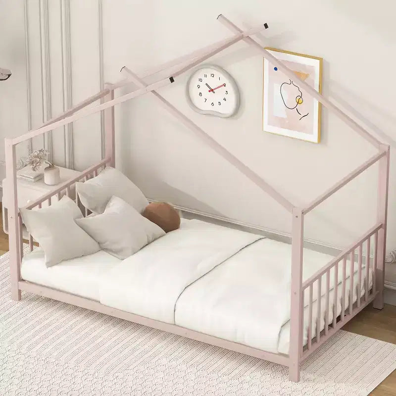 Lit cabane jumeau en métal pour enfants, lit plateforme Montessori avec cadre de toit, métal robuste, pas besoin de sommier, noir/blanc/rose