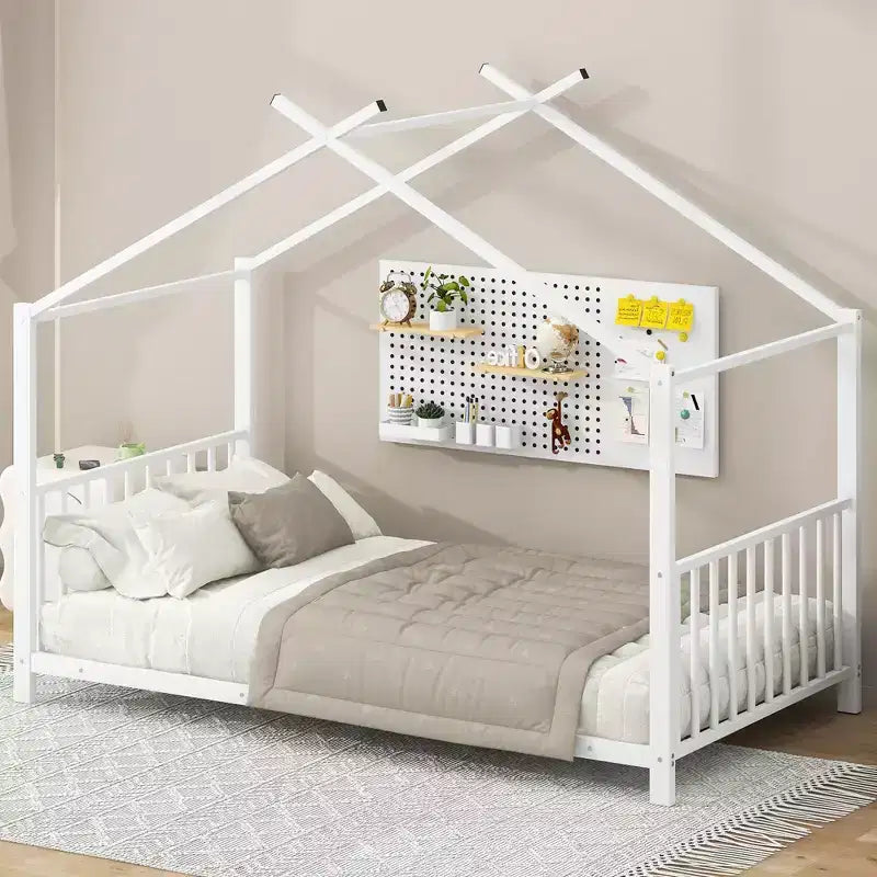 Lit cabane jumeau en métal pour enfants, lit plateforme Montessori avec cadre de toit, métal robuste, pas besoin de sommier, noir/blanc/rose