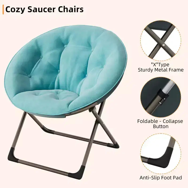 Fauteuil soucoupe géant confortable, chaise longue de lecture en tissu peluche doux pour adultes, chaise d'appoint paresseuse pliable à cadre métallique X-Large stable pour chambre à coucher, dortoir